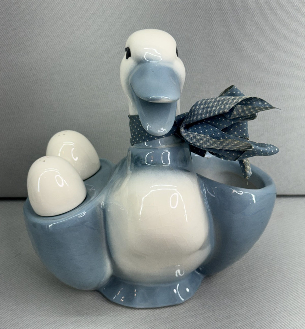 Vintage Ceramic Duck Napkin Holder Egg Salt Pepper Shakers Blue White READ